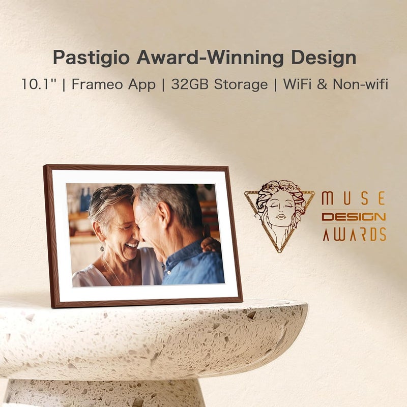 Pastigio إطار صور رقمي، إطار Frameo الرقمي 10.1 بوصة واي فاي، ذاكرة 32 جيجابايت، شاشة لمس عالية الدقة 1280*800، قابل للتعليق على الحائط، مشاركة فورية، هدايا عيد ميلاد للنساء، هدية للأم، بني شوكولاتة - Image 2